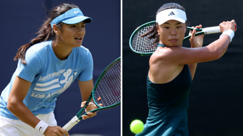 Seperate images of Emma Raducanu and Mimi Xu with racquets