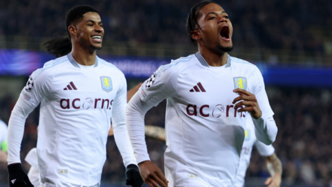 Aston Villa's Leon Bailey (right) celebrates scoring against Club Brugge in the Champions League with team-mate Marcus Rashford