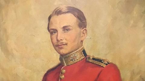 Ronald Douglas Elmer Speed depicted in an oil painting wearing formal, red military uniform.