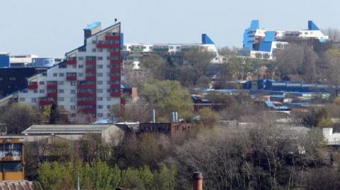 General view of the Byker Wall in Newcastle. Trees sit in the foreground, with buildings and a large block of flats in the background.