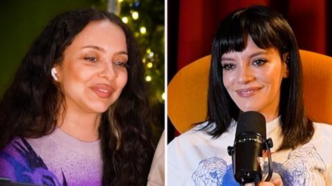 Composite image of Jade and Lily Allen smiling at each other. Both have long dark hair. Lily holds a mic