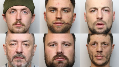 A composite image of police mugshots of Franklin O'Dwyer, Altan O'Connell, Luke McInerney, Nicholas O'Dwyer, Dwain Stratford, and Karl Houghton.
