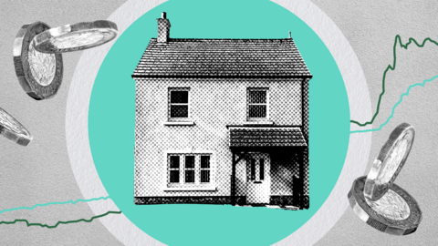 A visualisation of a house, backdropped by a turquoise circle. A line chart runs behind it and it's surrounded by pound coins. 