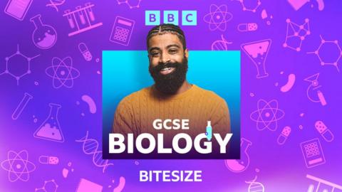 Podcast presenter with caption GCSE Biology on colourful subject icons background