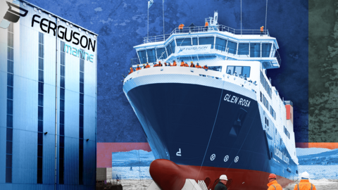 A graphic of a large ferry with the name Glen Rosa on the bow. On the left is a large building with Ferguson Marine written on the side