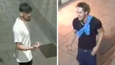 CCTV images of two men in Norfolk, the man on the left is wearing a white T-shirt with dark trousers, the man on the right is wearing a blue top and trousers, with a jumper tied over one shoulder. Both images are slightly blurred. 