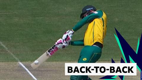 South Africa's Heinrich Klaasen hits back-to-back sixes against Bangladesh at the T20 World Cup