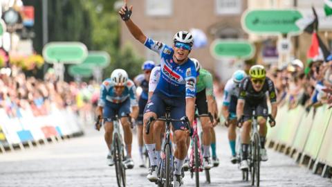 Paul Magnier (Soudal Quick-Step) celebrates winning Stage 1 of the Tour of Britain 2024 in Kelso