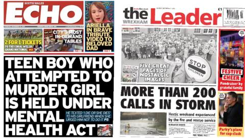 Front pages of South Wales Echo and Wrexham Leader