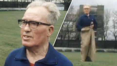 78-year-old Albert Haswell talking to the camera in 1977. On the right is an action shot of him sack racing