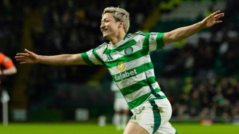 Celtic's Daizen Maeda celebrates scoring to make it 4-0 during a William Hill Premiership match between Celtic and Dundee at Celtic Park