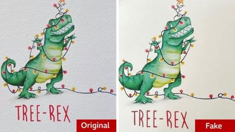 Two versions of the same design of Christmas card with the one on the left marked as original and the one on the right marked as fake. The card shows a painting of a green dinosaur grinning and tangled in Christmas tree lights. The card text says Tree-Rex. The fake card looks faded and poorer quality with a lack of texture and depth to the painting.