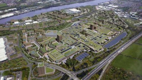 A CGI of how the new development will look. The aerial image shows the Metrocentre surrounded by new offices and homes. The roofs are all green or covered in solar panels.