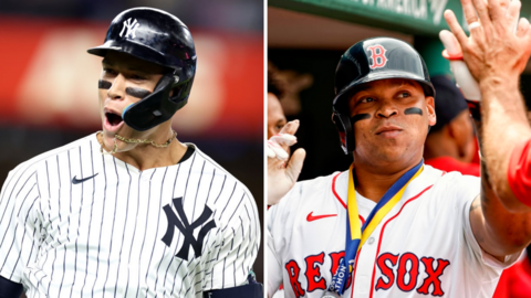 Aaron Judge and Rafael Devers celebrate