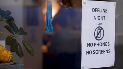 A window, with a plant in a pot sitting inside and a blue thread decoration hanging from above. There is an A4 piece of white paper tapes inside the window with the writing: Offline night 4-7pm, no phones no screens. The writing is black and there is also a black picture of a phone with a cross through it. 