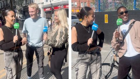 Composite image: Kaylee Golding, holding a 1Xtra microphone, interviews young people outside shops on a street.