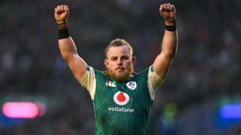 Finlay Bealham celebrates an Irish try against Scotland