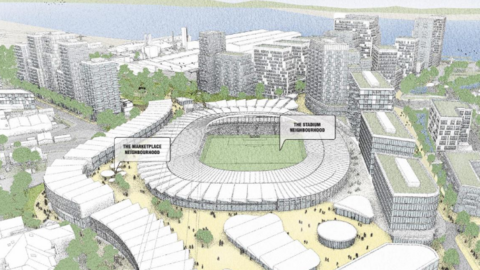 Artist's impression of a new football stadium at the centre of a mixed-use development with apartment towers, commercial buildings, public squares and waterside space.