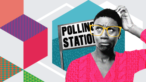 woman in glasses in front of a polling station graphic 
