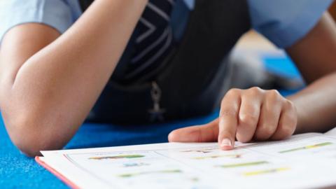 A school pupil is examining a text book