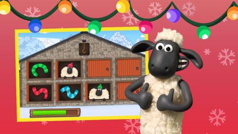 Shaun the Sheep with thumbs up in front of gameplay of the CBeebies Grotto game, where you match scarves to sheep.