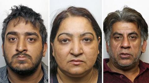 Police mugshots of Asgar, Shabnam and Khalid Sheikh. Asgar has dark, greying hair with a short beard and brown eyes. Shabnam has brown eyes and long brown hair. Khalid has a short grey beard and medium-length grey hair.