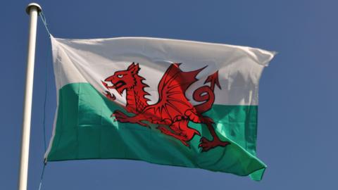 A Wales flag, with a red dragon on a white and green background, flying from a white flagpole in front of a blue sky