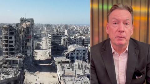 A composite image showing an aerial shot of destroyed Gaza on the left, and Frank Gardner on the right.