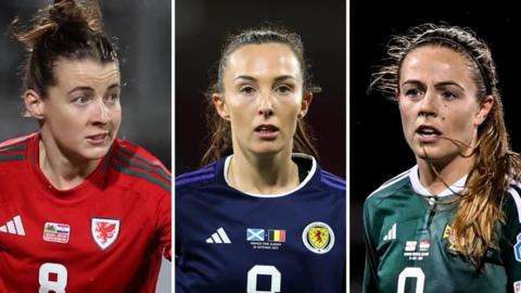 (L-R) Wales midfielder Angharad James, Scotland midfielder Caroline Weir and Northern Ireland forward Simone Magill