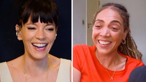 A composite image showing two women laughing.