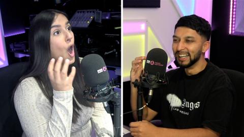 BBC Asian Network presenters Gura and SMASHBengali in a split screen image. Gura is on the left looking shocked with SmashBENGALI on the right smiling and laughing. Both are in a radio studio speaking into BBC Asian Network branded microphones