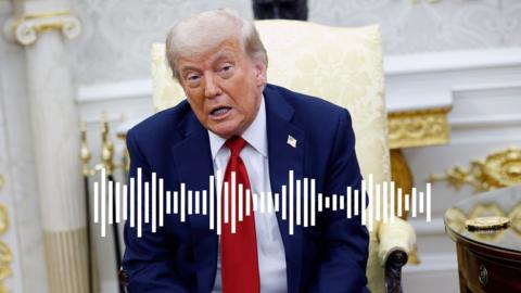 Donald Trump seated on a yellow chair with a white waveform graphic across his body