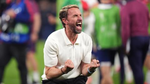 Gareth Southgate celebrating after his team's semi final win