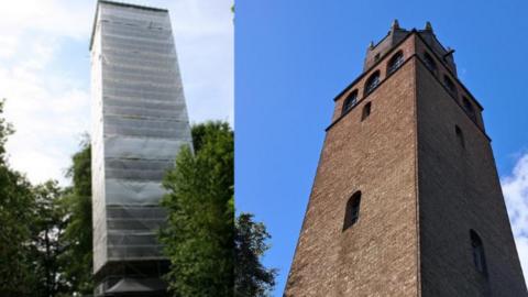 A collage of Faringdon Folly before and after the renovation works.