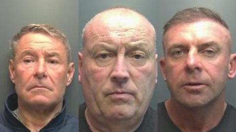 Compiled custody photos of three men looking directly at the camera.
The man on the left has brown hair and a side hair parting to the left and is wearing a grey quarter zip.
The man in the middle is wearing a grey shirt but the image is mainly a close up of his face.
The final man on the right has brown hair combed to the left.
He is also wearing a grey shirt.