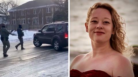 composite of video grab of ICE agents opening fire and the victim of the shooting