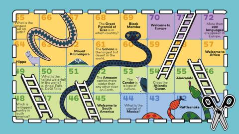 Geography themed game board with world locations plus snakes and ladders on colourful squares.