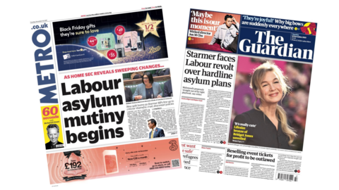 The headline on the front page of the Metro reads: “Labour asylum mutiny begins”. The headline on the front page of the Guardian reads: “Starmer faces Labour revolt over hardline asylum plans”.
