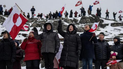 People hold up flags at a protest