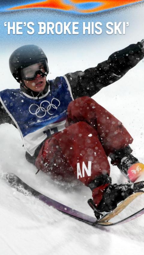 Watch as Canadian freestyle skiier snaps his ski at the men's big air final.