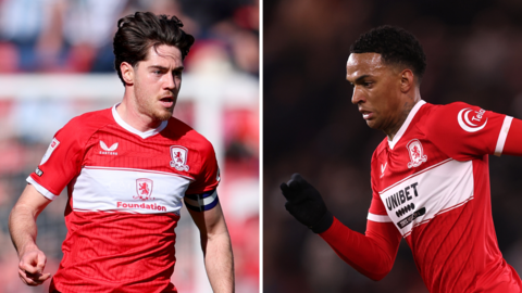 Side-by-side close-ups of Hayden Hackney and Morgan Whittaker playing for Middlesbrough in their home kit