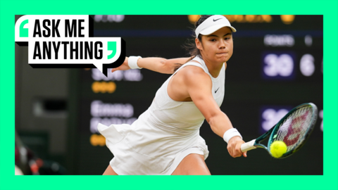 Emma Raducanu reaches for the ball at Wimbledon.