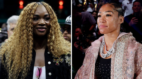 Split image with Claressa Shields wearing a black jacket and Alycia Baumgardner wearing a glittered jacket