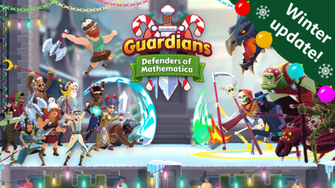 All the characters from the game with festive costumes and a green sign saying winter update!