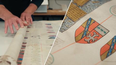 Split image of ancient scroll being unrolled