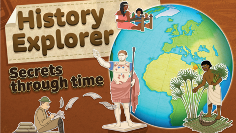 History Explorer game banner showing a globe and historical figures.