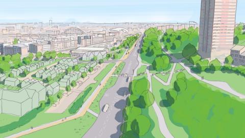 An artists impression of the planned development. Askew Road only has one lane running in each direction. A sketch of the housing development lies north (to the left of the picture).