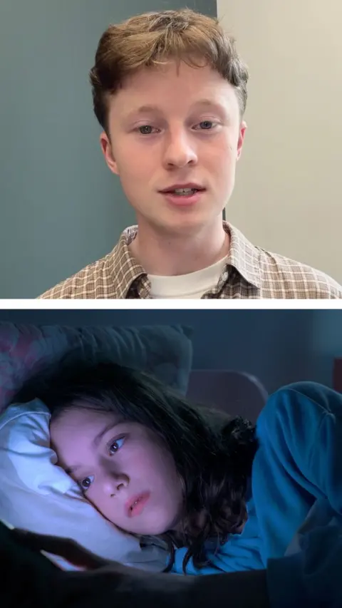 A composite image with Jamie McColgan wearing a white tshirt and brown checked shirt in front of a wall. Below him is a young girl looking illuminated by the light of a mobile phone whilst lying in bed. 