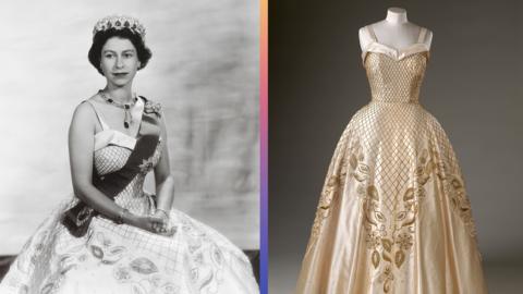 a composite image of queen elizabeth ii in a black and white archive photograph in a gown with another image of the same gown on a mannequin