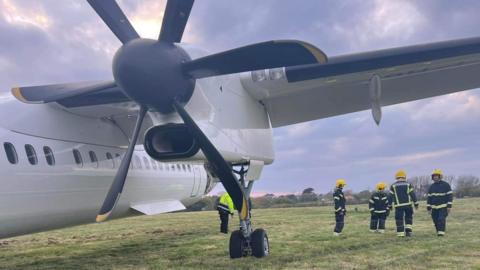 Plane on grass with firefighters standing next to it